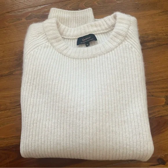 Quince Mongolian Cashmere Fisherman Crewneck Sweater Ivory size M Timeless Soft - Picture 7 of 16